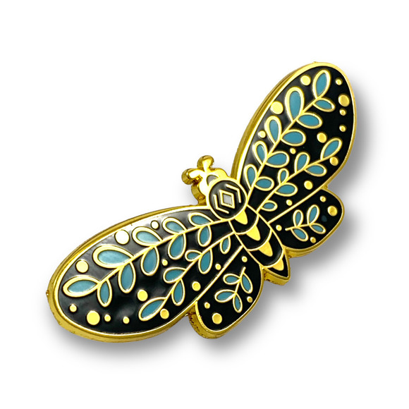 Large gold enamel moth blue eucalyptus pin - Picture 5 of 7